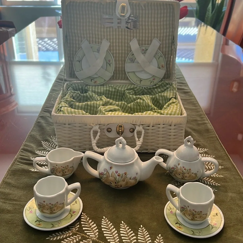 Vintage, MCM.  children’s five and over, porcelain tea set, with basket. - Picture 1 of 13